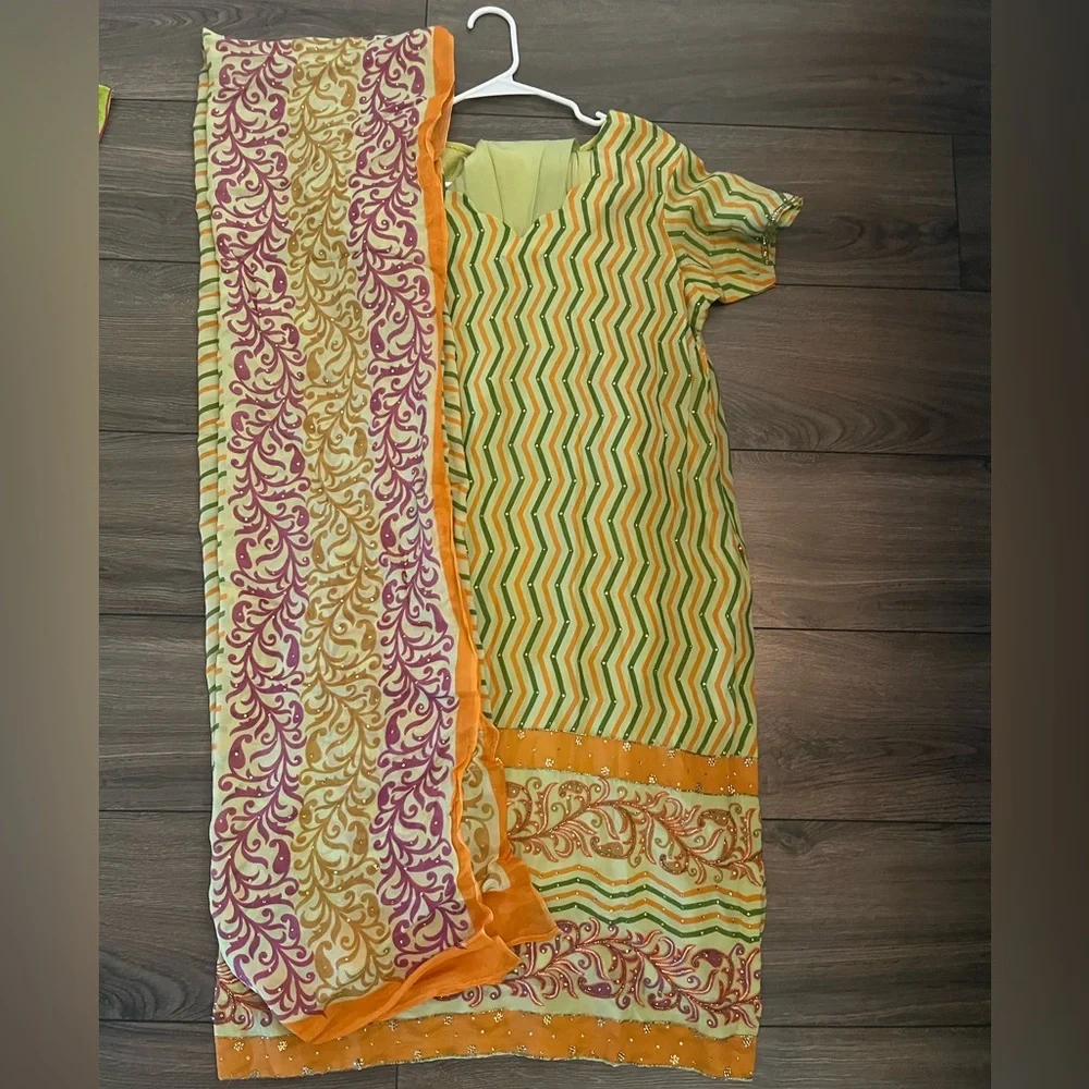 Punjabi designer 3pc dupatta Elegant Multicolor Women Salwar cotton suit large - Picture 2 of 2